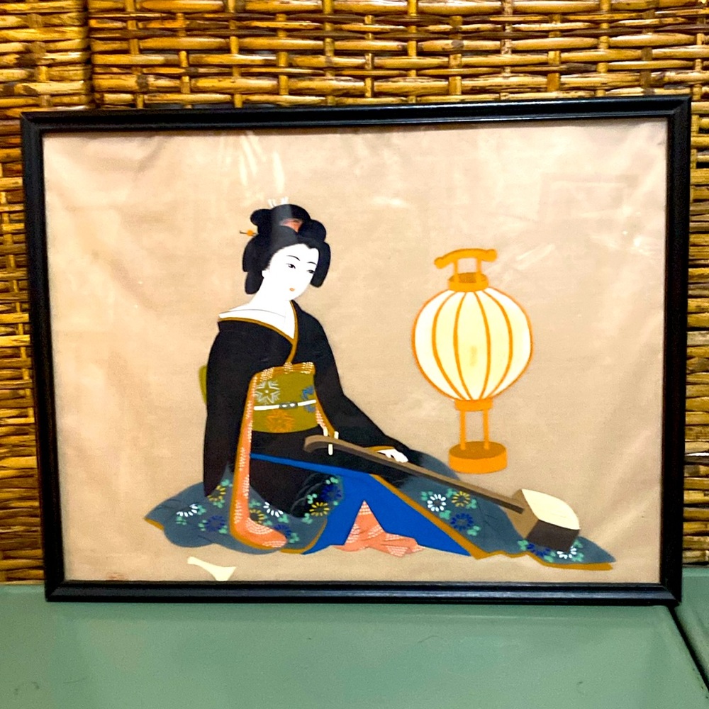 Vntg 1920s Japanese Asian Painting Silk Geisha Girl  instrument 12 1/2 x 16 3/4”